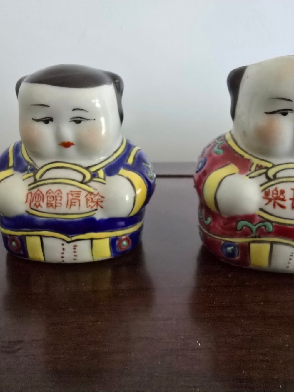 Ceramic Chinese Figurine Pair - Blue and Red Decorative Statues